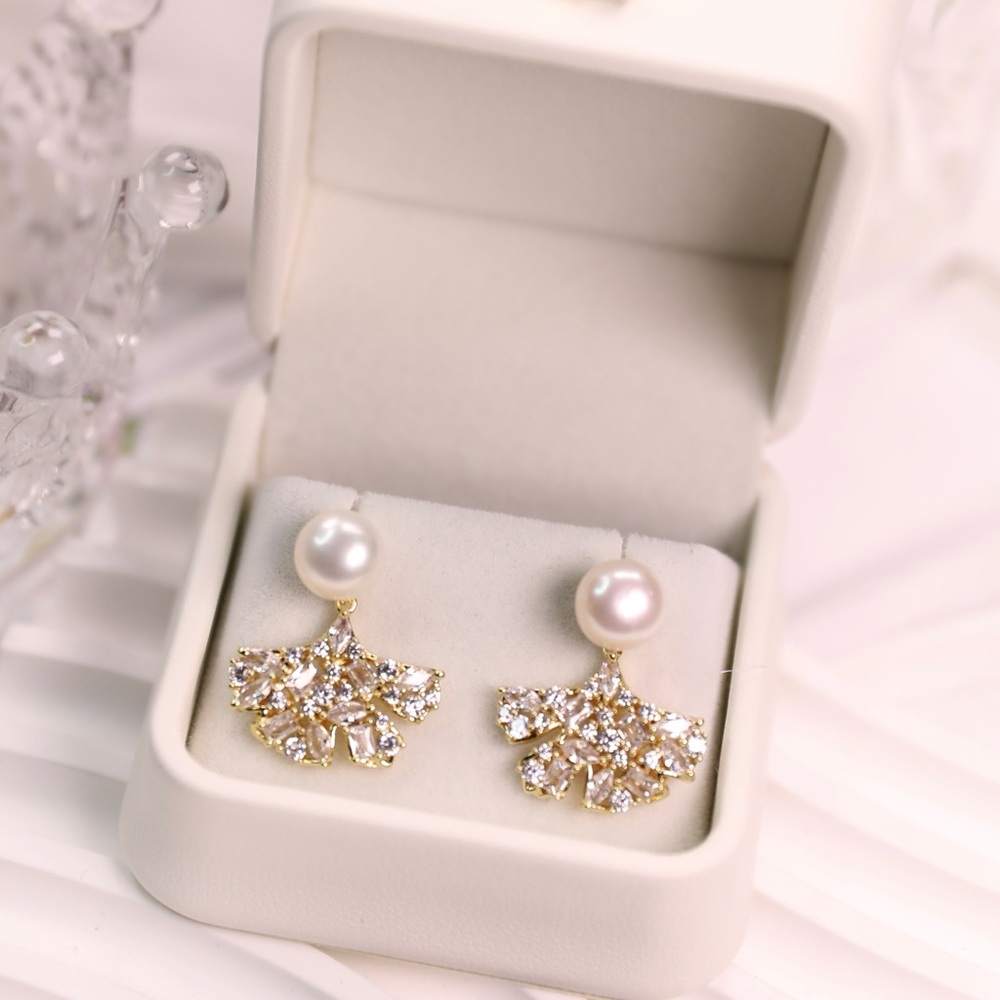 Ginkgo Leaf Pearl Earrings – Gold Crystal Drop Studs